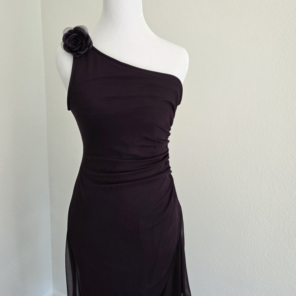 Elegant One-Shoulder Dark Burgandy Dress with Floral Accent